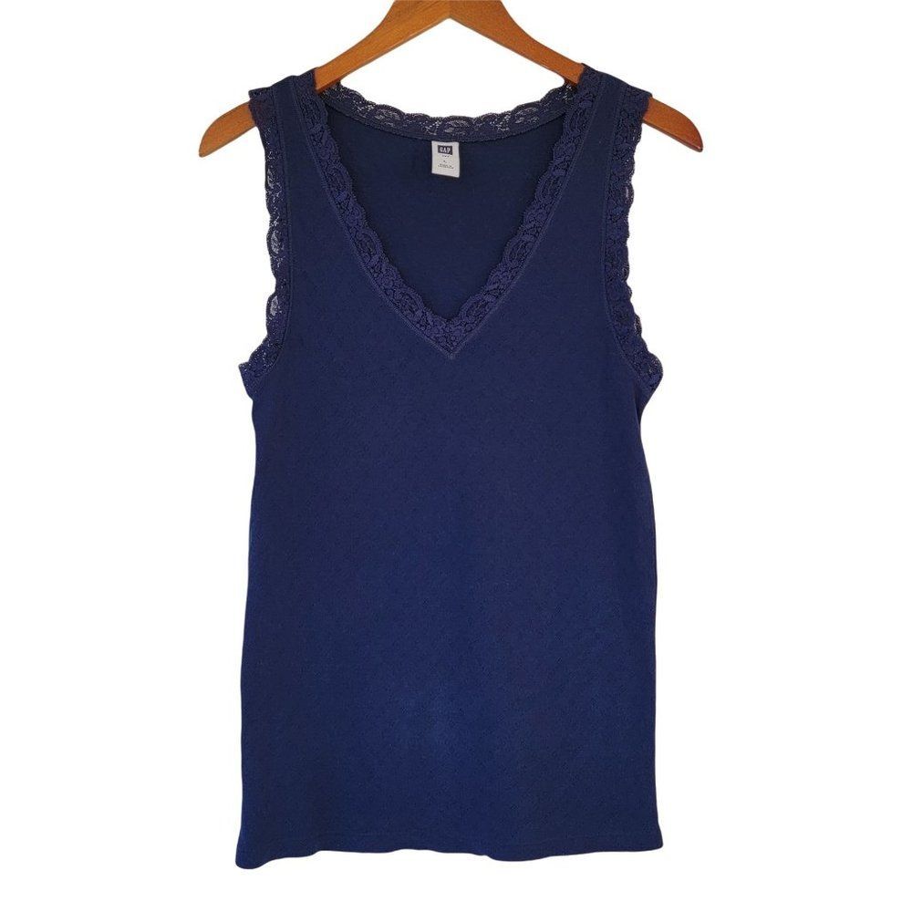 Gap Cotton Lace Tank Top Womans Size L Navy Blue Cotton